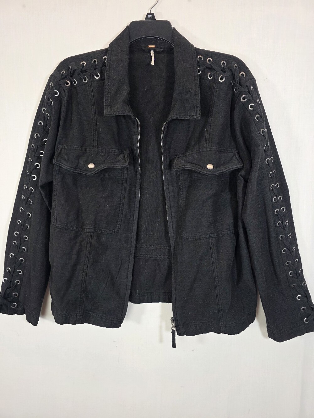 Free People Black Lace Up Sleeve Utility Jacket Large Grommet Full Zip Denim Cot